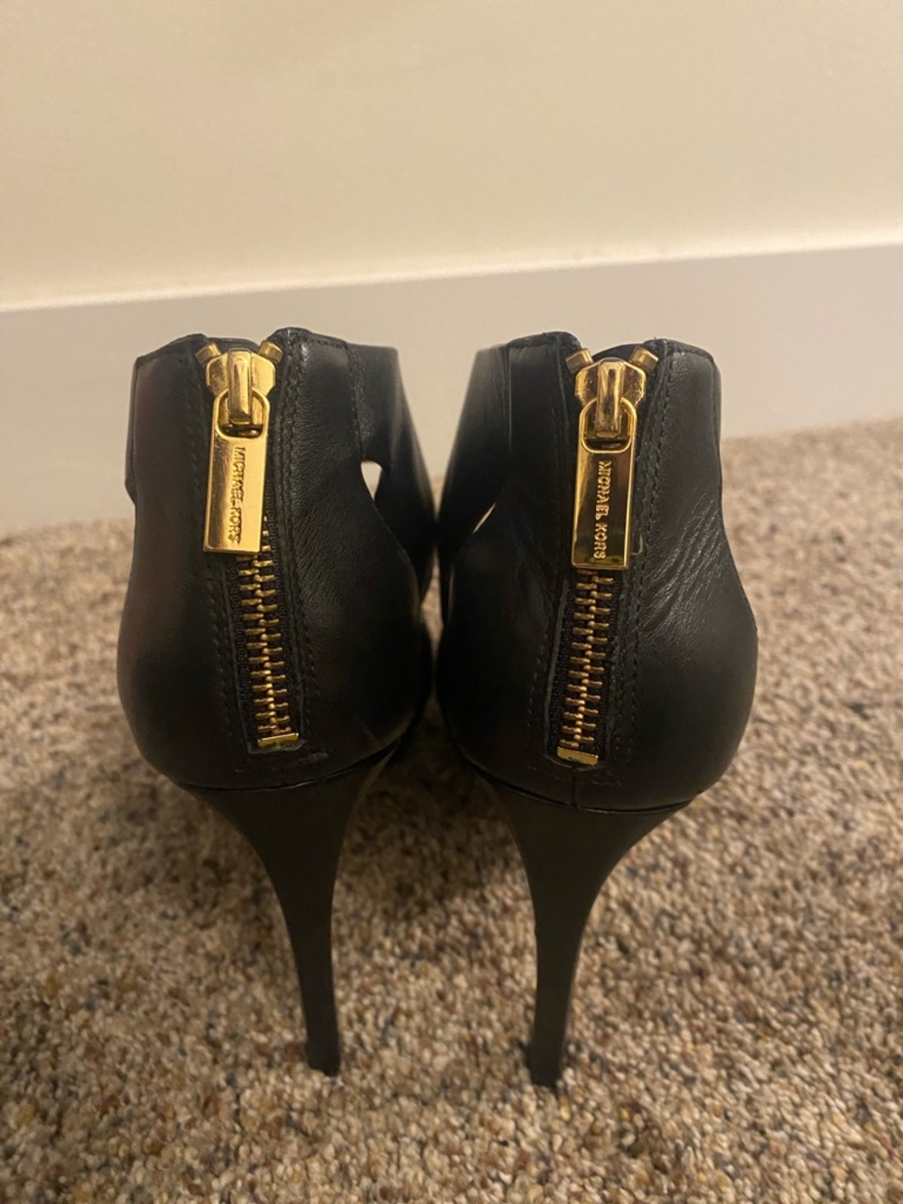 Michael Kors Black Leather Cutout High Heel Sandals with Gold Buckle - Picture 3 of 5